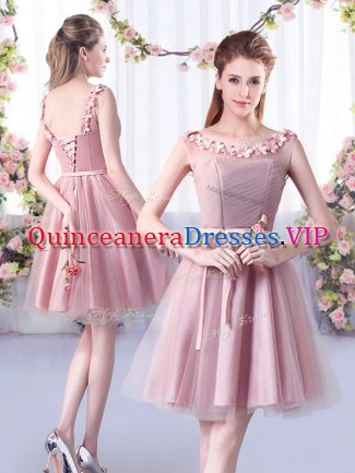 Customized Pink Tulle Lace Up Scoop Sleeveless Knee Length Quinceanera Court Dresses Appliques and Belt