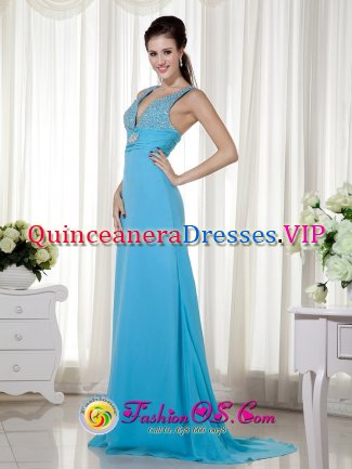 Lihue Hawaii/HI Sexy Baby Blue Column V-neck Brush Train Chiffon Beading and Ruch Quinceanera Dama Dress