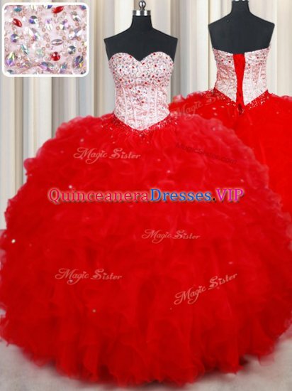 Custom Made Tulle Sweetheart Sleeveless Lace Up Beading and Ruffles Quinceanera Gowns in Red - Click Image to Close