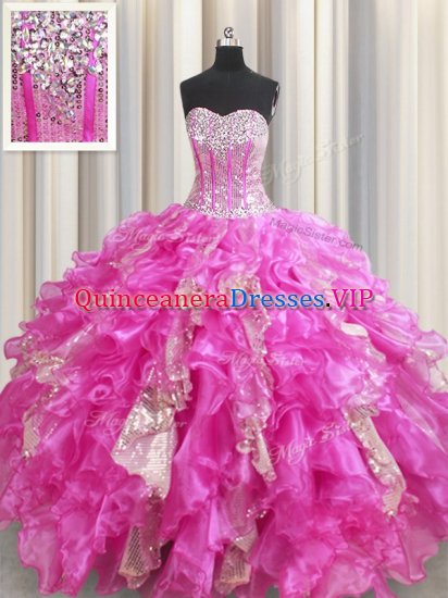 Lovely Visible Boning Sleeveless Lace Up Floor Length Beading and Ruffles and Sequins Quinceanera Dress - Click Image to Close