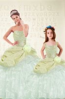 Floor Length Lace Up Ball Gown Prom Dress Yellow Green for Military Ball and Sweet 16 and Quinceanera with Beading and Ruffled Layers and Hand Made Flower