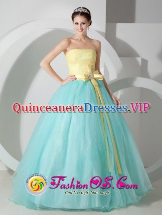 Prairieville Louisiana/LA Fabulous Baby Blue and Yellow For Strapless Quinceanea Dress Sash and Ruched Bodice Decorate