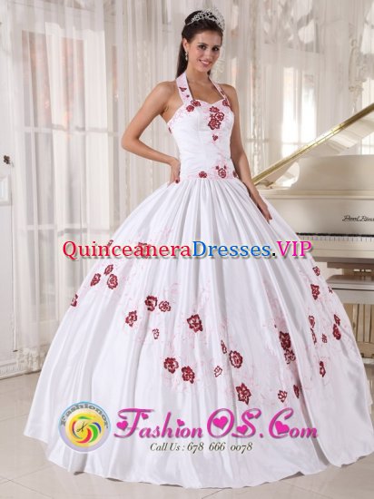 Fashionable Taffeta Embroidery White Quinceanera Dress Halter Top floor length Ball Gown In Joondalup WA - Click Image to Close