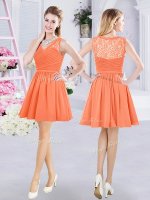 Trendy Orange A-line V-neck Sleeveless Chiffon Mini Length Side Zipper Lace and Ruching Dama Dress for Quinceanera