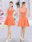 Trendy Orange A-line V-neck Sleeveless Chiffon Mini Length Side Zipper Lace and Ruching Dama Dress for Quinceanera