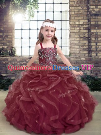 Most Popular Burgundy Lace Up Straps Beading and Ruffles Pageant Dress for Teens Organza Sleeveless