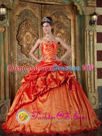 Chatham Massachusetts/MA Orange Red Strapless Ball Gown Taffeta Quinceanera Dress with Appliques and Pick-ups