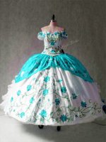 Off The Shoulder Cap Sleeves Lace Up Quince Ball Gowns Multi-color Organza and Taffeta