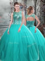 Turquoise Ball Gowns Tulle Scoop Sleeveless Beading Floor Length Lace Up Quinceanera Dresses