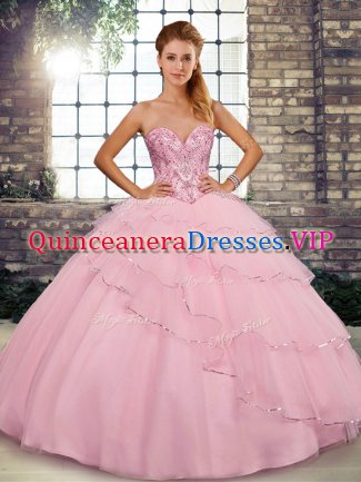 Baby Pink Quinceanera Gowns Tulle Brush Train Sleeveless Beading and Ruffled Layers