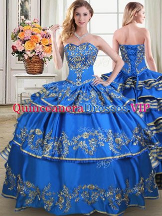 Trendy Sleeveless Taffeta Floor Length Lace Up Quinceanera Dress in Blue with Beading and Embroidery and Ruffled Layers