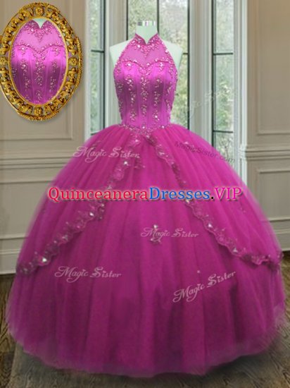 Graceful Tulle Sleeveless Floor Length Vestidos de Quinceanera and Beading and Appliques - Click Image to Close