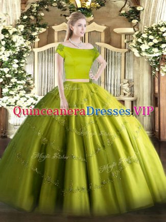 Elegant Olive Green Quinceanera Dresses Military Ball and Sweet 16 and Quinceanera with Appliques Off The Shoulder Short Sleeves Zipper