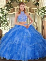 Traditional Teal Sleeveless Tulle Criss Cross Quinceanera Dress for Military Ball and Sweet 16 and Quinceanera(SKU SJQDDT1029002-2BIZ)