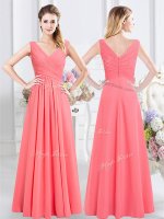 Lovely Watermelon Red Empire Sleeveless Chiffon Floor Length Zipper Ruching Quinceanera Dama Dress