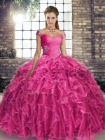 Fuchsia Ball Gowns Off The Shoulder Sleeveless Organza Brush Train Lace Up Beading and Ruffles Sweet 16 Quinceanera Dress