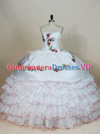 On Sale White Strapless Lace Up Embroidery and Ruffled Layers Sweet 16 Dresses Sleeveless