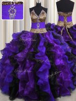 Eye-catching Leopard V-neck Sleeveless Organza Sweet 16 Quinceanera Dress Beading and Ruffles Lace Up