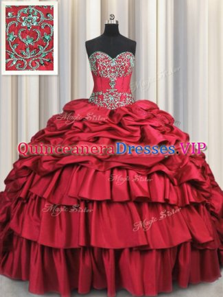 Lovely Wine Red Lace Up Sweetheart Beading and Embroidery and Ruffled Layers and Pick Ups 15th Birthday Dress Taffeta Sleeveless Brush Train