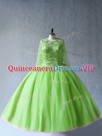 Green Ball Gowns Scoop Long Sleeves Tulle Floor Length Lace Up Beading Vestidos de Quinceanera