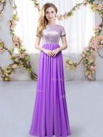 Floor Length Empire Short Sleeves Purple Dama Dress Zipper