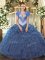 Charming Sleeveless Floor Length Beading and Ruffles Lace Up 15th Birthday Dress with Navy Blue