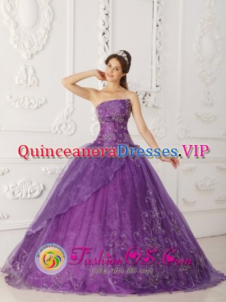 Elegent Lavender A-line Embroidery Quinceanera Dress With Strapless Satin and Organza Layers In Consuelo Dominican Republic