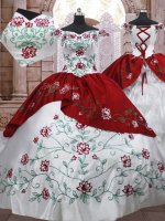 Flirting White And Red Sweet 16 Quinceanera Dress Military Ball and Sweet 16 and Quinceanera with Embroidery and Ruffled Layers Off The Shoulder Sleeveless Lace Up