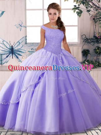 Lavender Off The Shoulder Lace Up Beading Sweet 16 Dress Brush Train Sleeveless