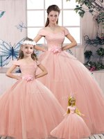 Pink Tulle Lace Up 15th Birthday Dress Short Sleeves Floor Length Lace and Hand Made Flower