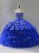 Royal Blue Fabric With Rolling Flowers Lace Up Sweetheart Sleeveless Floor Length Sweet 16 Dresses Embroidery and Ruffles