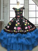 Embroidery and Ruffled Layers Quince Ball Gowns Blue And Black Lace Up Sleeveless Floor Length