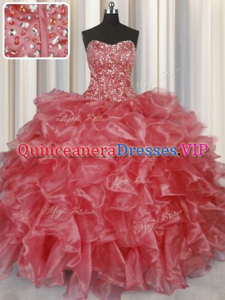 Visible Boning Sleeveless Organza Floor Length Lace Up Quince Ball Gowns in Coral Red with Beading and Ruffles