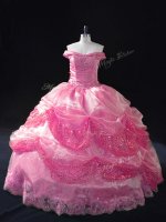 Spectacular Rose Pink 15 Quinceanera Dress Sweet 16 and Quinceanera with Beading and Sequins Off The Shoulder Sleeveless Lace Up