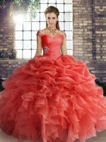 Off The Shoulder Sleeveless Organza Quince Ball Gowns Beading and Ruffles and Pick Ups Lace Up