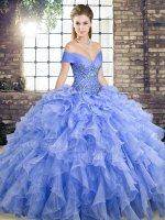 Off The Shoulder Sleeveless Organza Quinceanera Gowns Beading and Ruffles Brush Train Lace Up