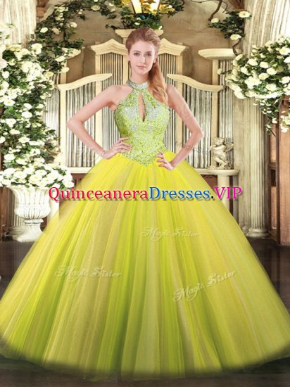 Decent Yellow Green Halter Top Lace Up Sequins Quinceanera Dresses Sleeveless - Click Image to Close