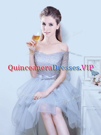 Fashionable Off the Shoulder Lace and Ruffles and Bowknot Vestidos de Damas Grey Lace Up Short Sleeves Asymmetrical