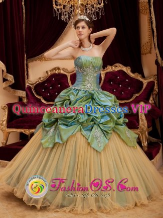 Antioquia colombia Remarkable Olive Green Pick-ups Beading Strapless Quinceanera Dress With Taffeta and Tulle