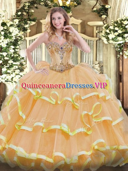 Gold Lace Up Quinceanera Dresses Beading and Ruffles Sleeveless Floor Length - Click Image to Close