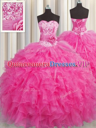 Custom Fit Handcrafted Flower Hot Pink Sweetheart Lace Up Beading and Ruffles 15 Quinceanera Dress Sleeveless