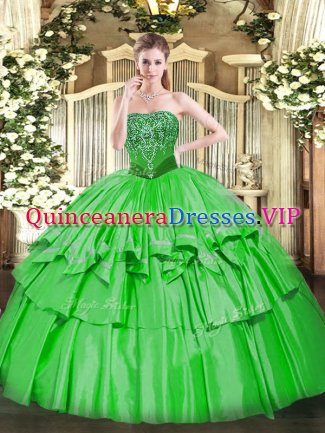 New Arrival Green Ball Gowns Organza and Taffeta Strapless Sleeveless Beading and Ruffled Layers Floor Length Lace Up Sweet 16 Dress