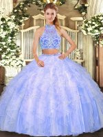 Floor Length Criss Cross Quinceanera Dress Lavender for Military Ball and Sweet 16 and Quinceanera with Ruffles(SKU SJQDDT1030002-3BIZ)