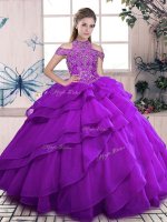 Dramatic Purple Ball Gowns High-neck Sleeveless Organza Floor Length Lace Up Beading and Ruffles Quinceanera Gown(SKU SJQDDT2077002-8BIZ)