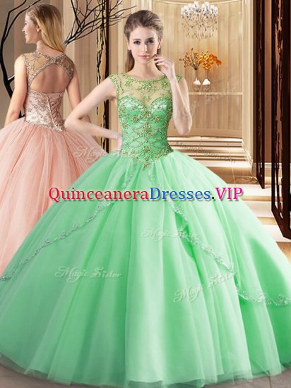 Eye-catching Scoop Sleeveless Quinceanera Gown Brush Train Beading Apple Green Tulle - Click Image to Close