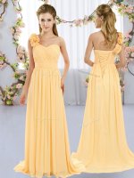 Gold Chiffon Lace Up Vestidos de Damas Sleeveless Brush Train Hand Made Flower