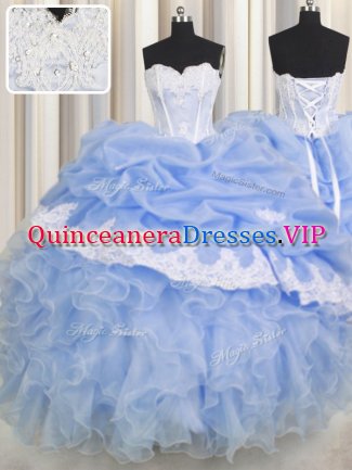 Sweetheart Sleeveless Ball Gown Prom Dress Floor Length Beading and Appliques and Ruffled Layers Light Blue Organza