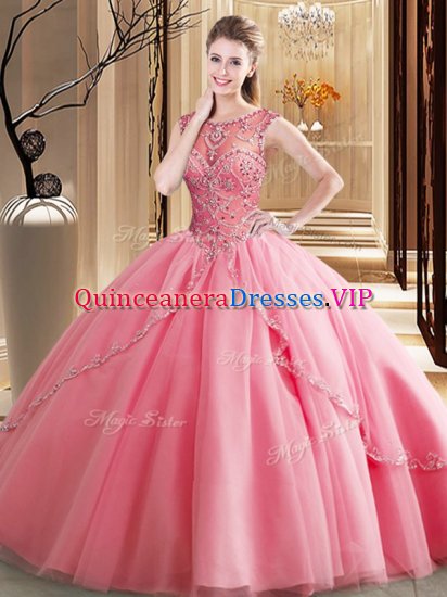 Scoop Watermelon Red Lace Up 15th Birthday Dress Beading Sleeveless Brush Train - Click Image to Close