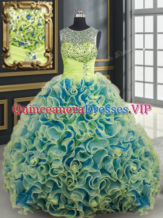 Exceptional See Through Yellow Green Lace Up Scoop Beading and Sequins 15 Quinceanera Dress Fabric With Rolling Flowers Sleeveless Brush Train