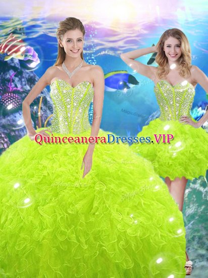 Attractive Yellow Green Ball Gowns Sweetheart Sleeveless Organza Floor Length Lace Up Beading and Ruffles Military Ball Gowns - Click Image to Close